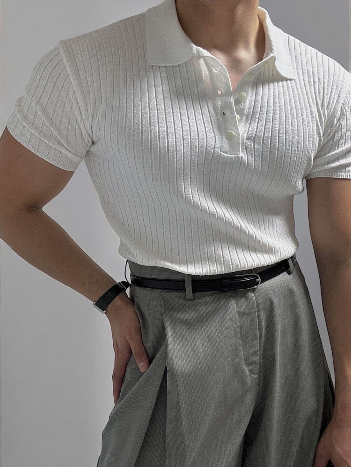 Rayon Nylon Ribbed Collared Short Sleeve T-shirt - 이미지 2