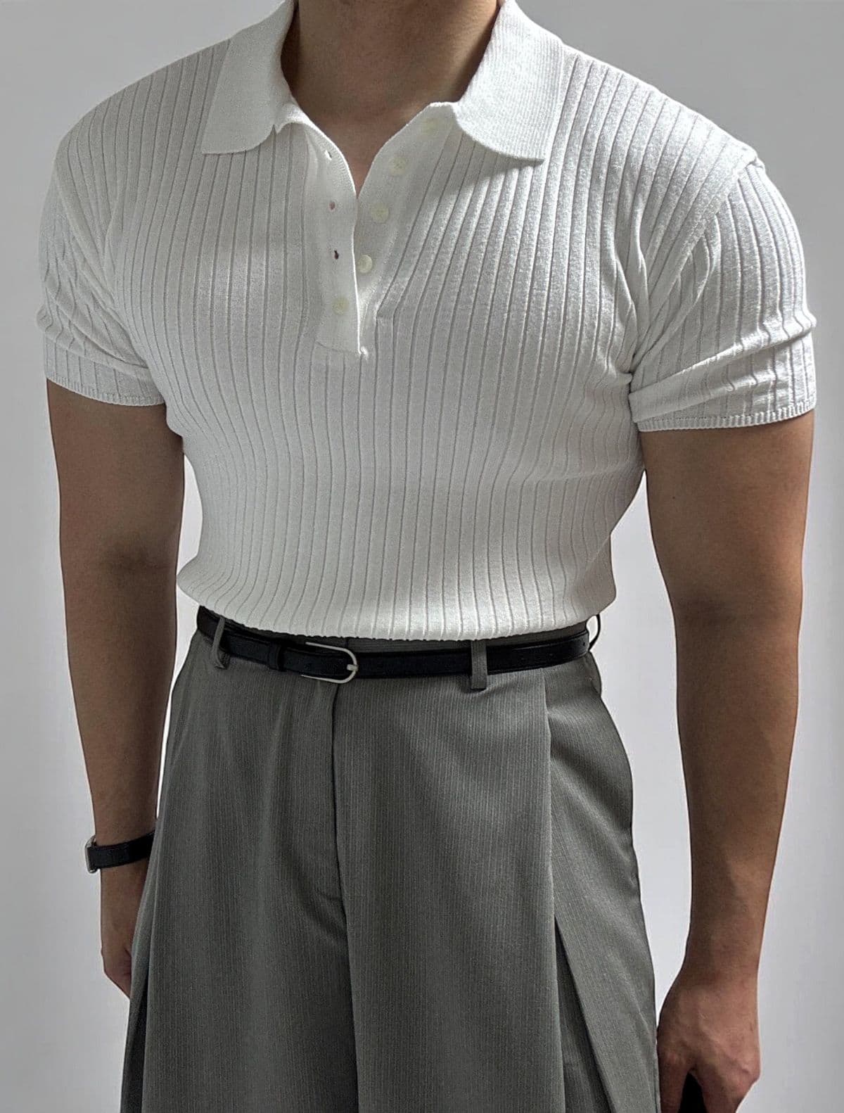 Rayon Nylon Ribbed Collared Short Sleeve T-shirt - 이미지 3
