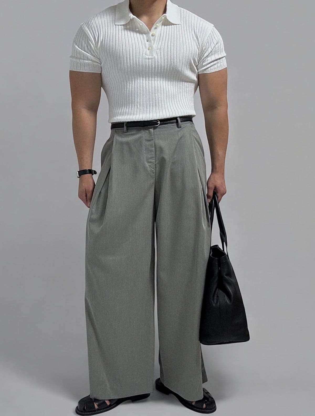 Rayon Nylon Ribbed Collared Short Sleeve T-shirt - 이미지 4