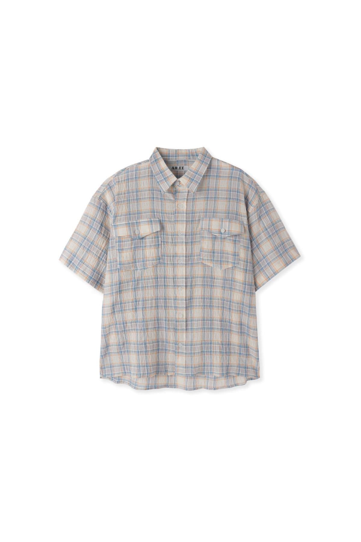 Double-pocket cropped check short-sleeve shirt - 이미지 2