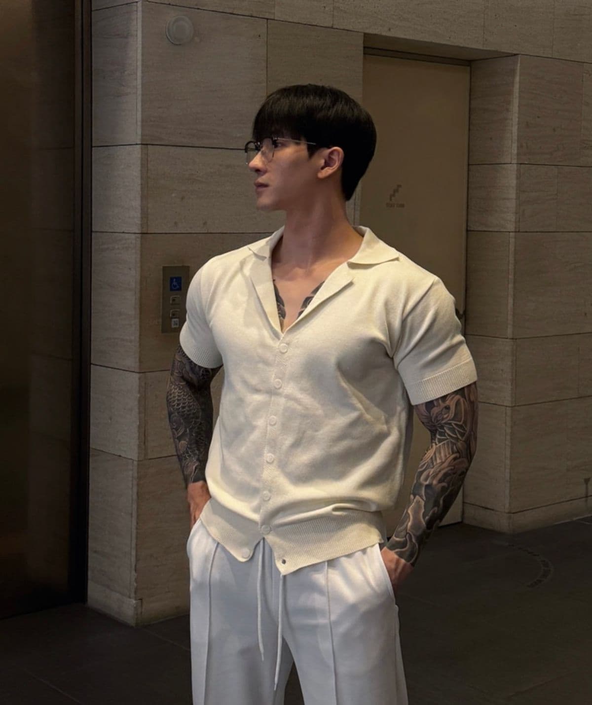 Wool blend spandex open collar button knit short sleeve - 이미지 1