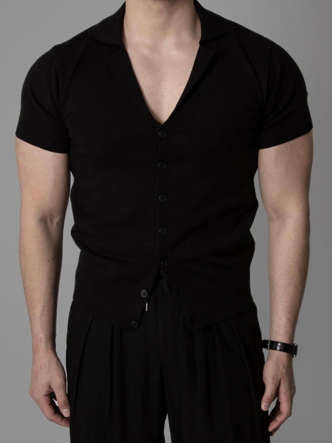 Wool blend spandex open collar button knit short sleeve - 이미지 4