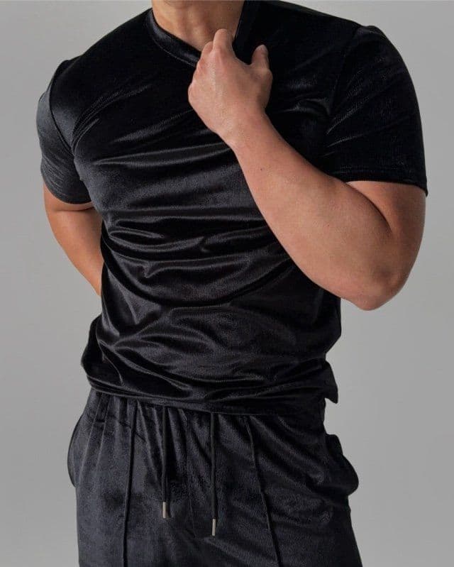 Ribbed Velvet Muscle Fit Round Short Sleeve T-shirt and Long Pants Set - 이미지 3