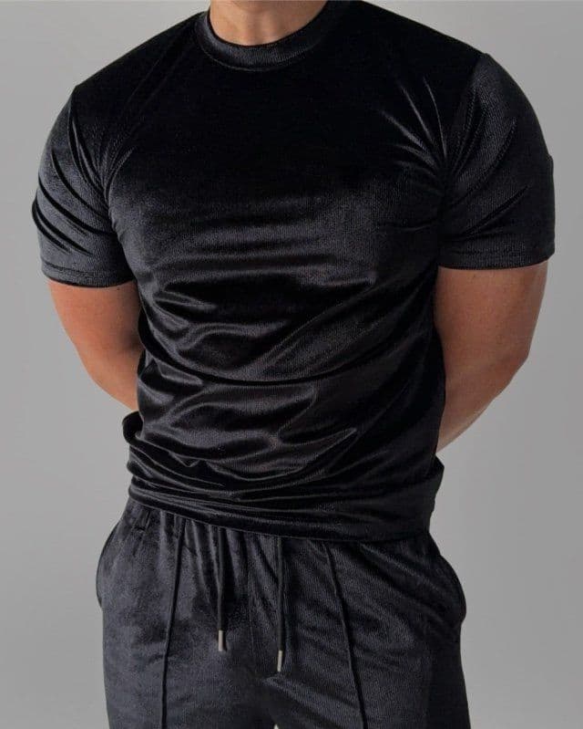 Ribbed Velvet Muscle Fit Round Short Sleeve T-shirt and Long Pants Set - 이미지 4