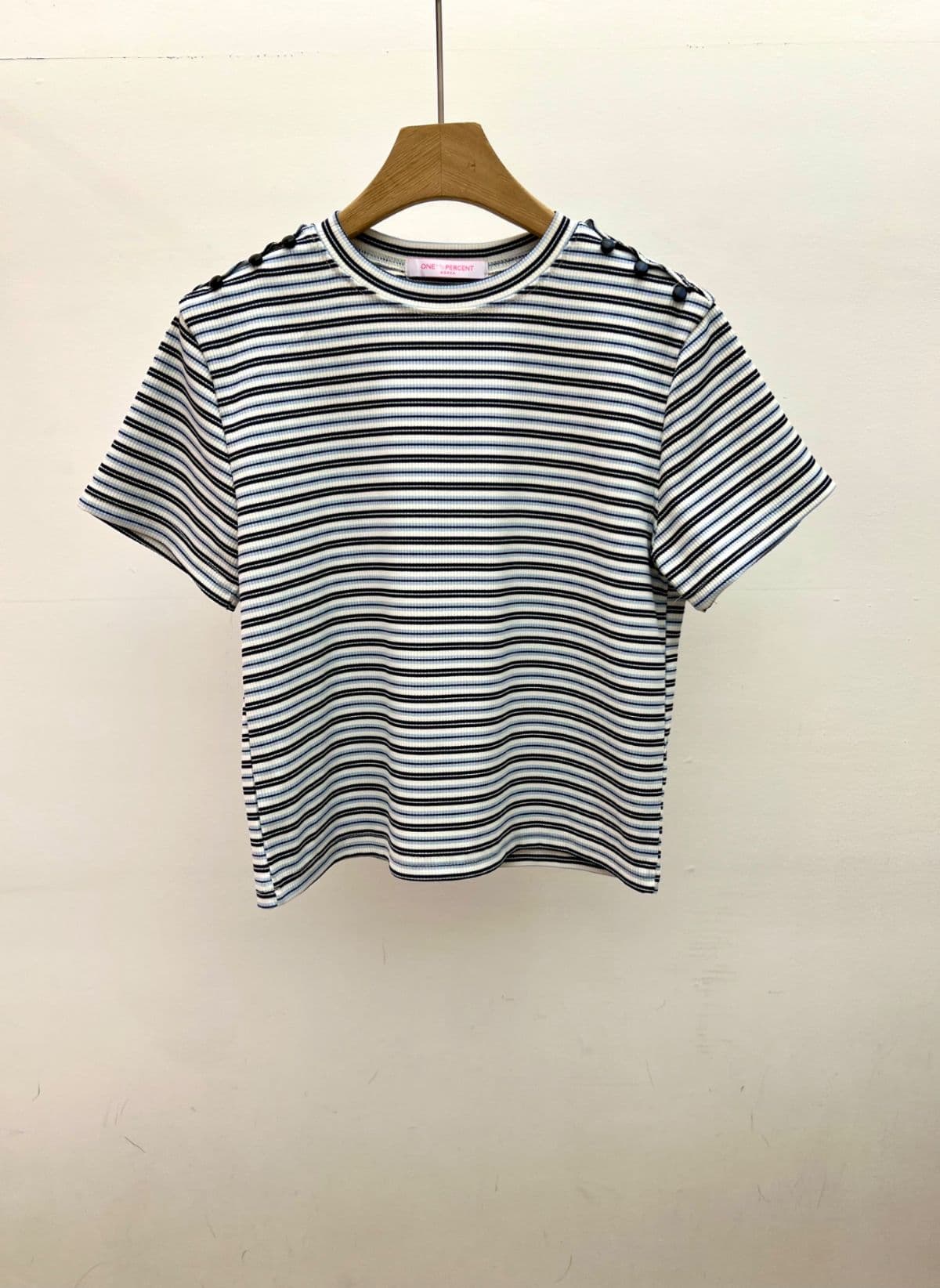 Melo Button T-shirt (Stripe ribbed button-shoulder slim-fit short-sleeve tee) - 이미지 2