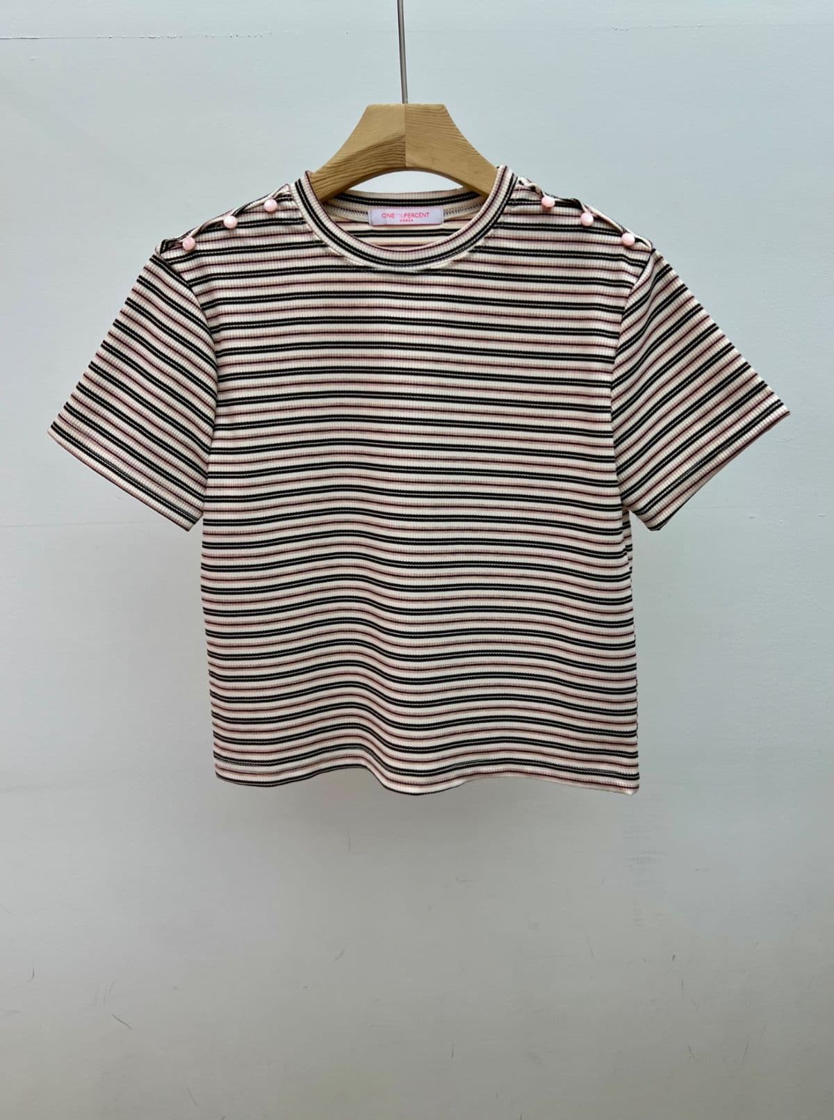 Melo Button T-shirt (Stripe ribbed button-shoulder slim-fit short-sleeve tee) - 이미지 5