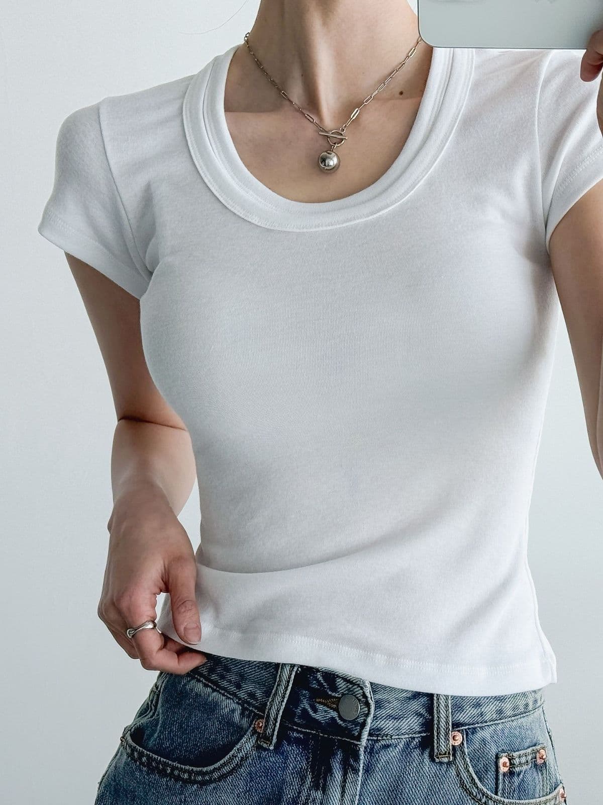 Double Neck T-shirt (Double Neck U-Neck Short Sleeve T-shirt Ripped Slim Fit Crop Top) - 이미지 4