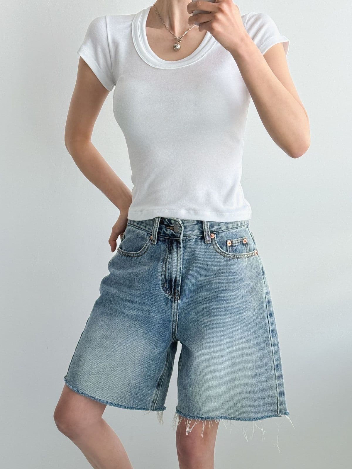 Double Neck T-shirt (Double Neck U-Neck Short Sleeve T-shirt Ripped Slim Fit Crop Top) - 이미지 7
