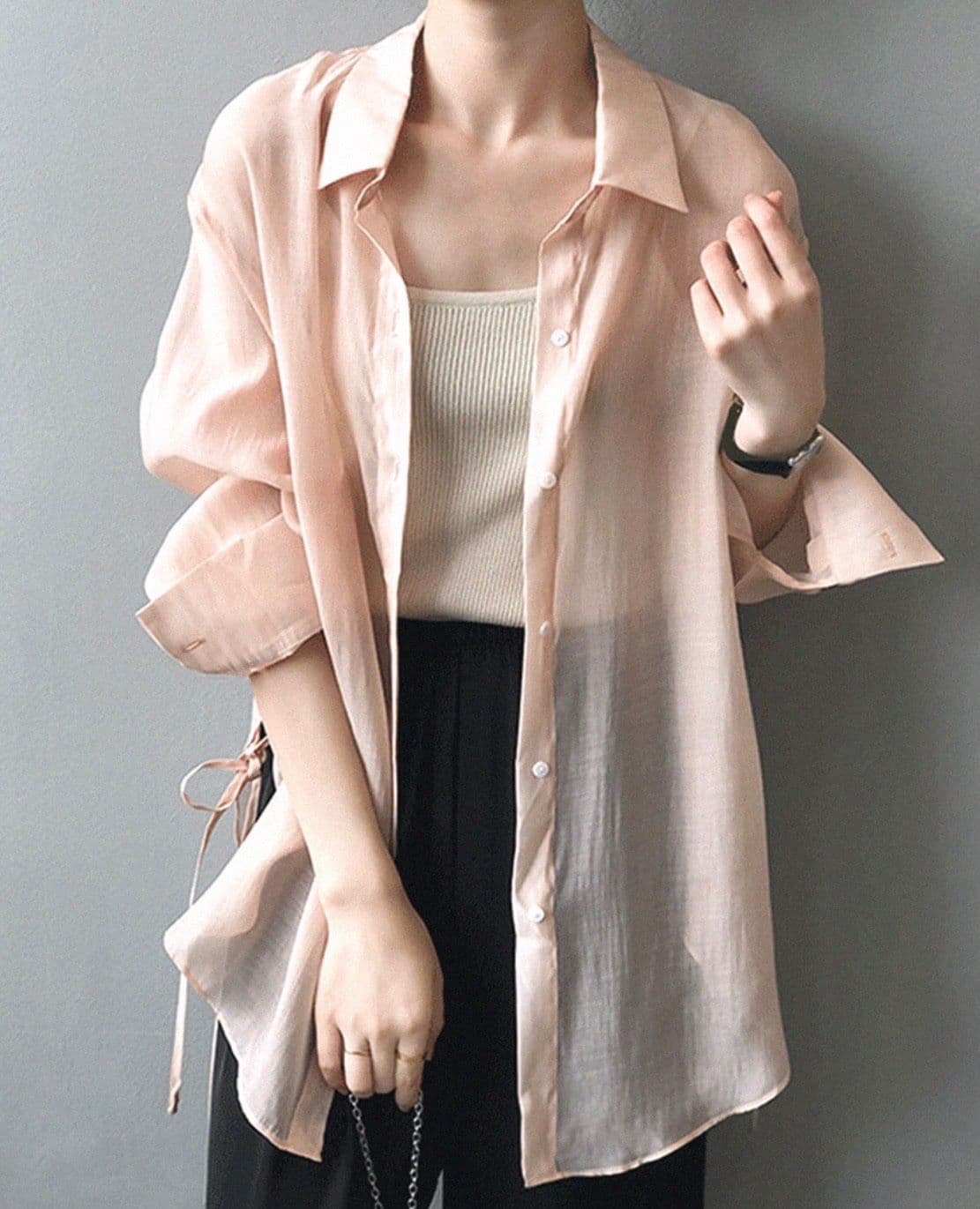 Lua SH (See-through oversized side slit ribbon long shirt blouse) - 이미지 3