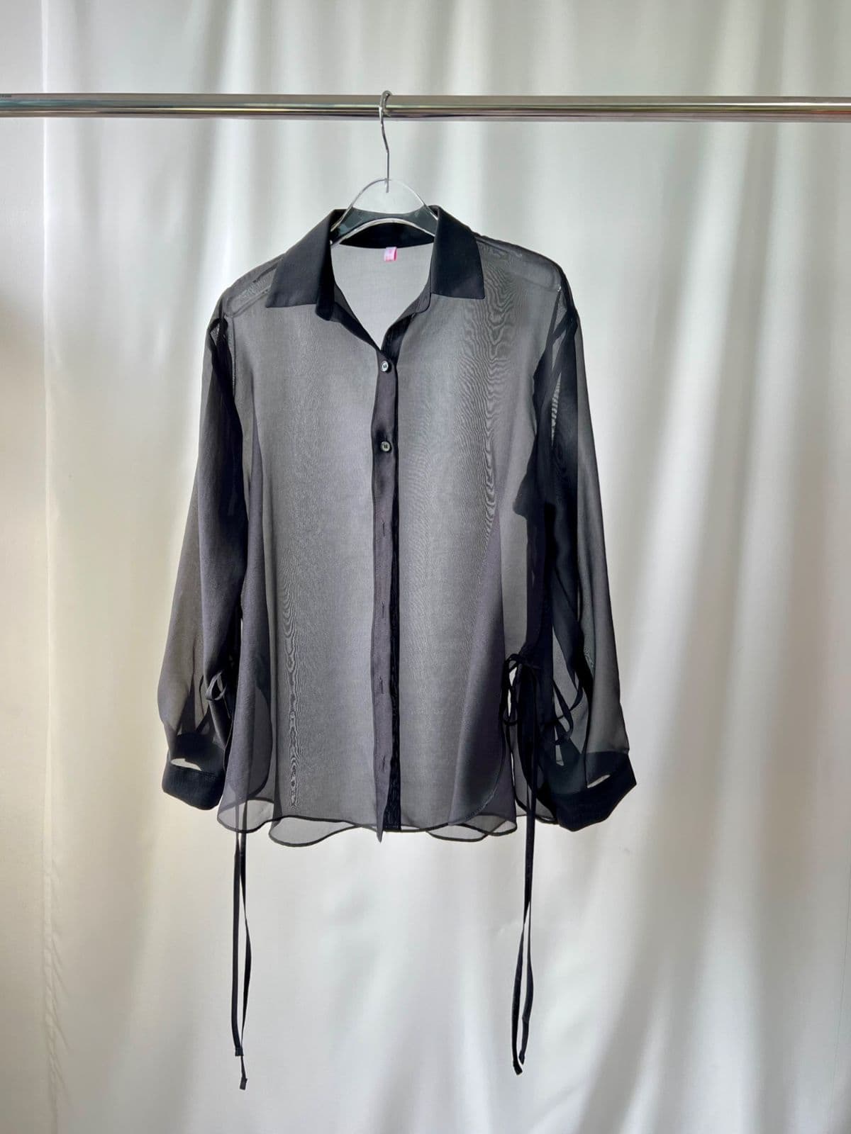 Lua SH (See-through oversized side slit ribbon long shirt blouse) - 이미지 13