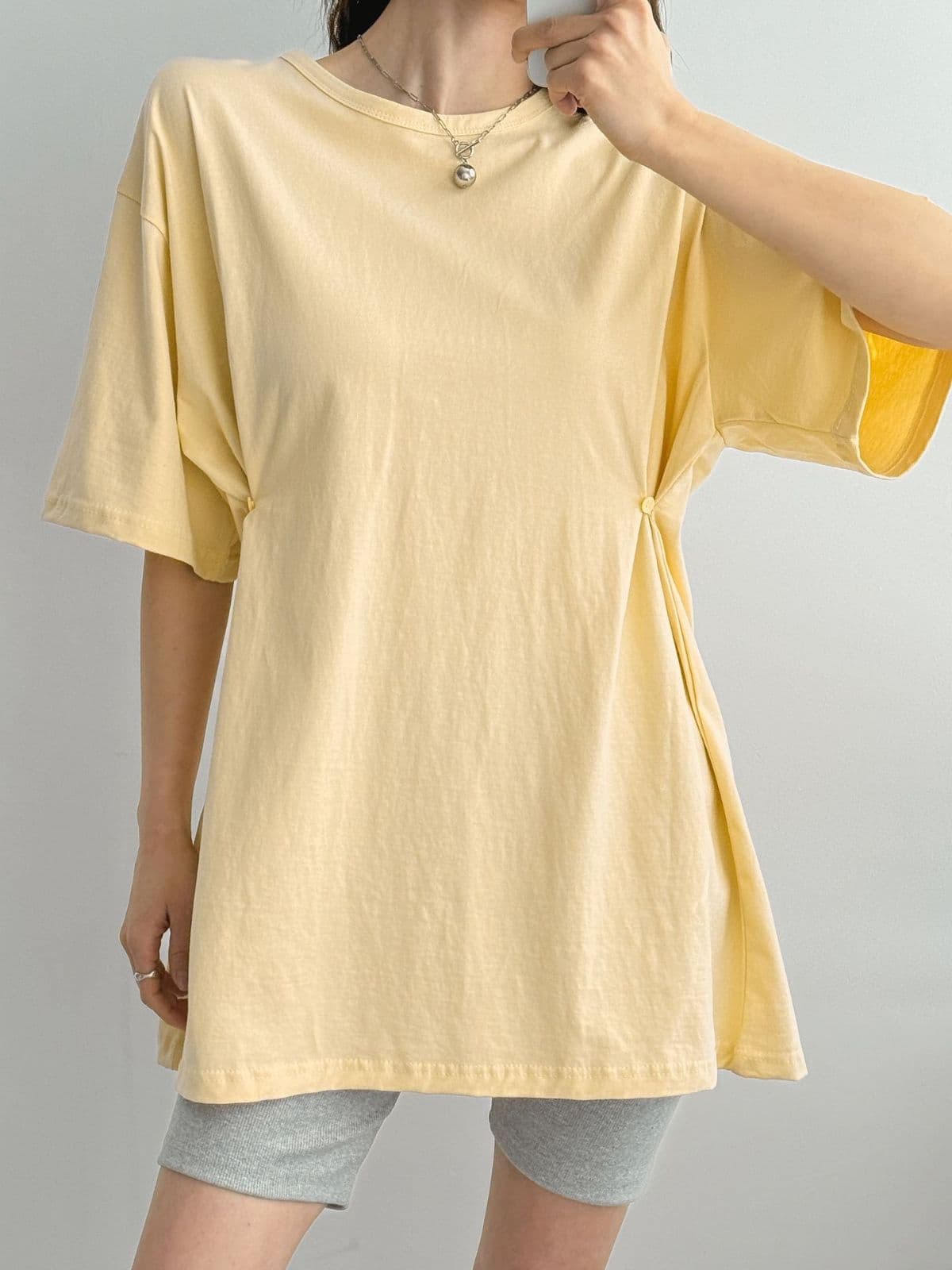 Button Boxy T-shirt (Cotton Long T-shirt Long Dress Oversized Boxy Fit Round Neck Button Waist Shirring) - 이미지 3