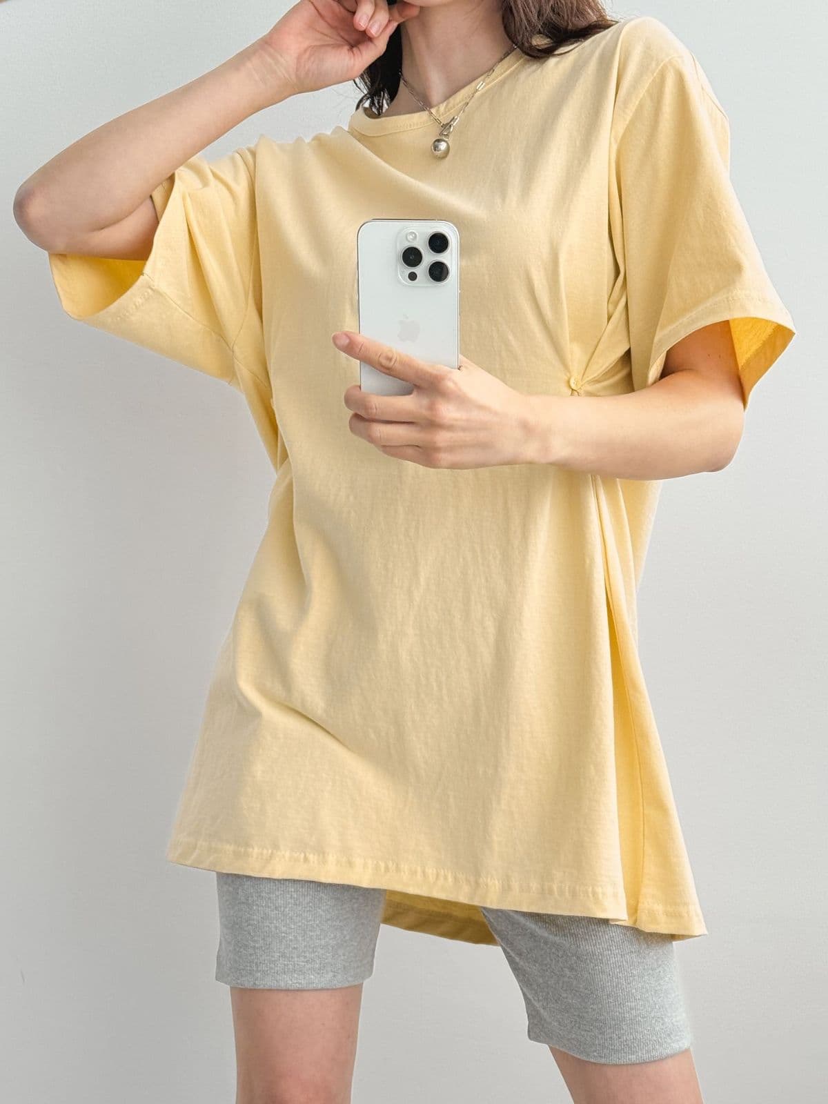 Button Boxy T-shirt (Cotton Long T-shirt Long Dress Oversized Boxy Fit Round Neck Button Waist Shirring) - 이미지 7