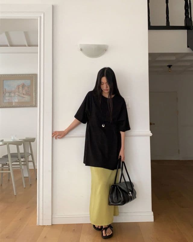 Button Boxy T-shirt (Cotton Long T-shirt Long Dress Oversized Boxy Fit Round Neck Button Waist Shirring) - 이미지 8