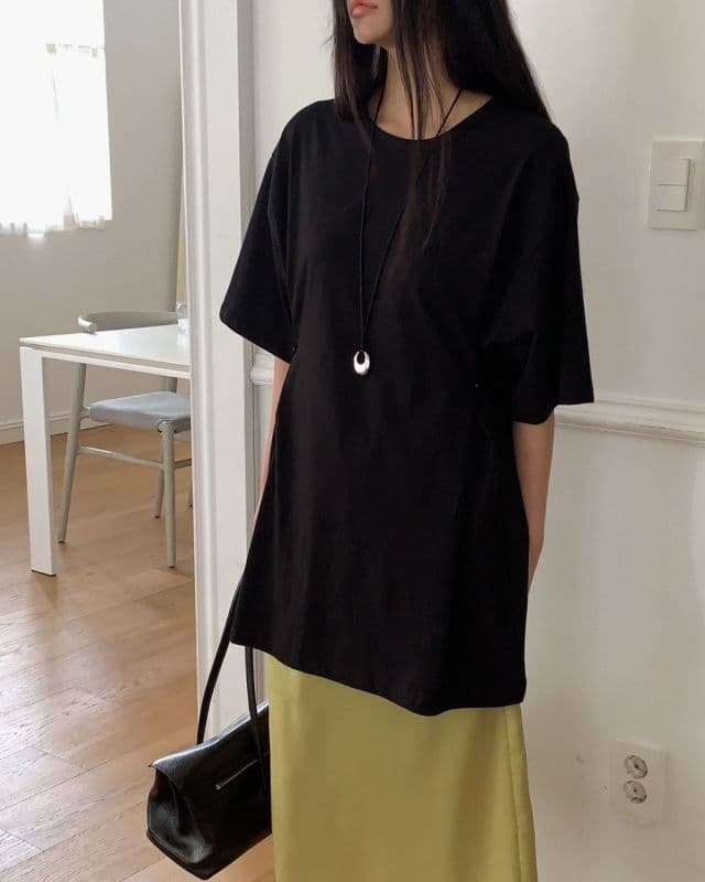 Button Boxy T-shirt (Cotton Long T-shirt Long Dress Oversized Boxy Fit Round Neck Button Waist Shirring) - 이미지 11