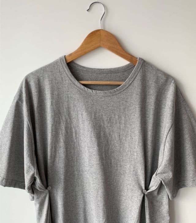 Button Boxy T-shirt (Cotton Long T-shirt Long Dress Oversized Boxy Fit Round Neck Button Waist Shirring) - 이미지 13