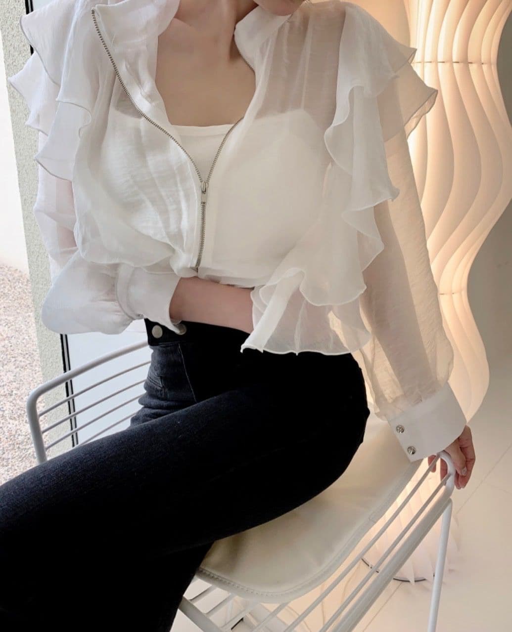 Sunshine Blouson (Sheer Frill Zip-Up Blouson See-through Crop Windbreaker Jumper) - 이미지 2