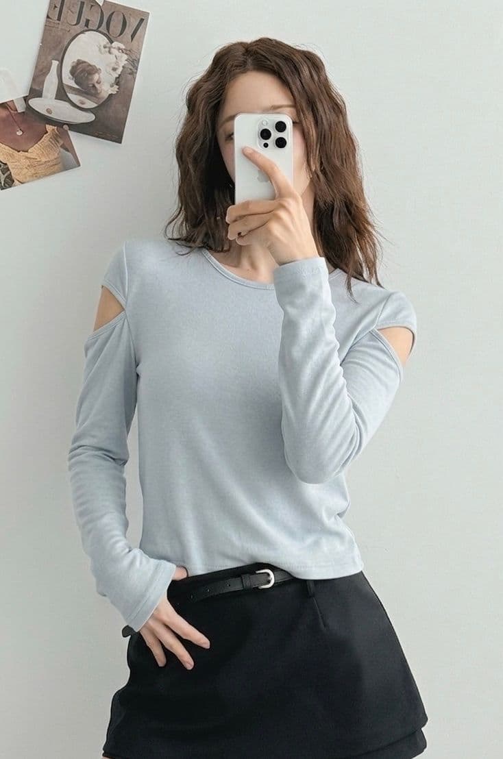 Rocket Slit T-shirt (Shoulder Cutout Slim Fit Semi-Crop Long Sleeve T-shirt Spandex) - 이미지 6