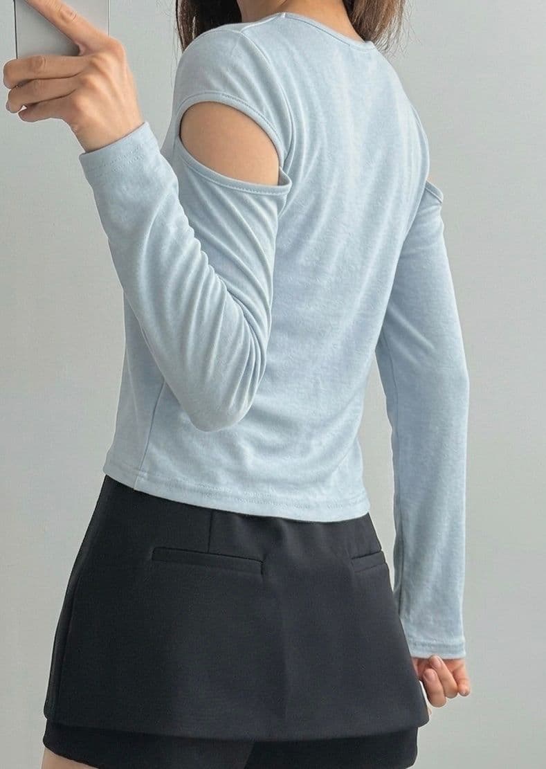 Rocket Slit T-shirt (Shoulder Cutout Slim Fit Semi-Crop Long Sleeve T-shirt Spandex) - 이미지 7