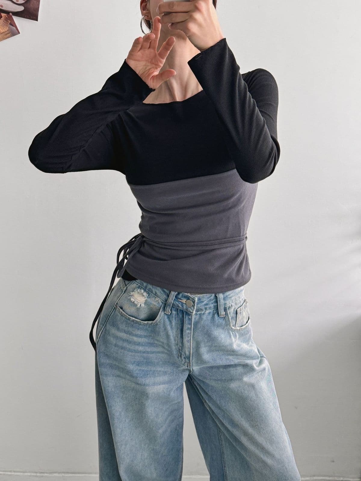May Layered T (Bustier Layered Strap Long Sleeve Slim Fit T-shirt) - 이미지 4