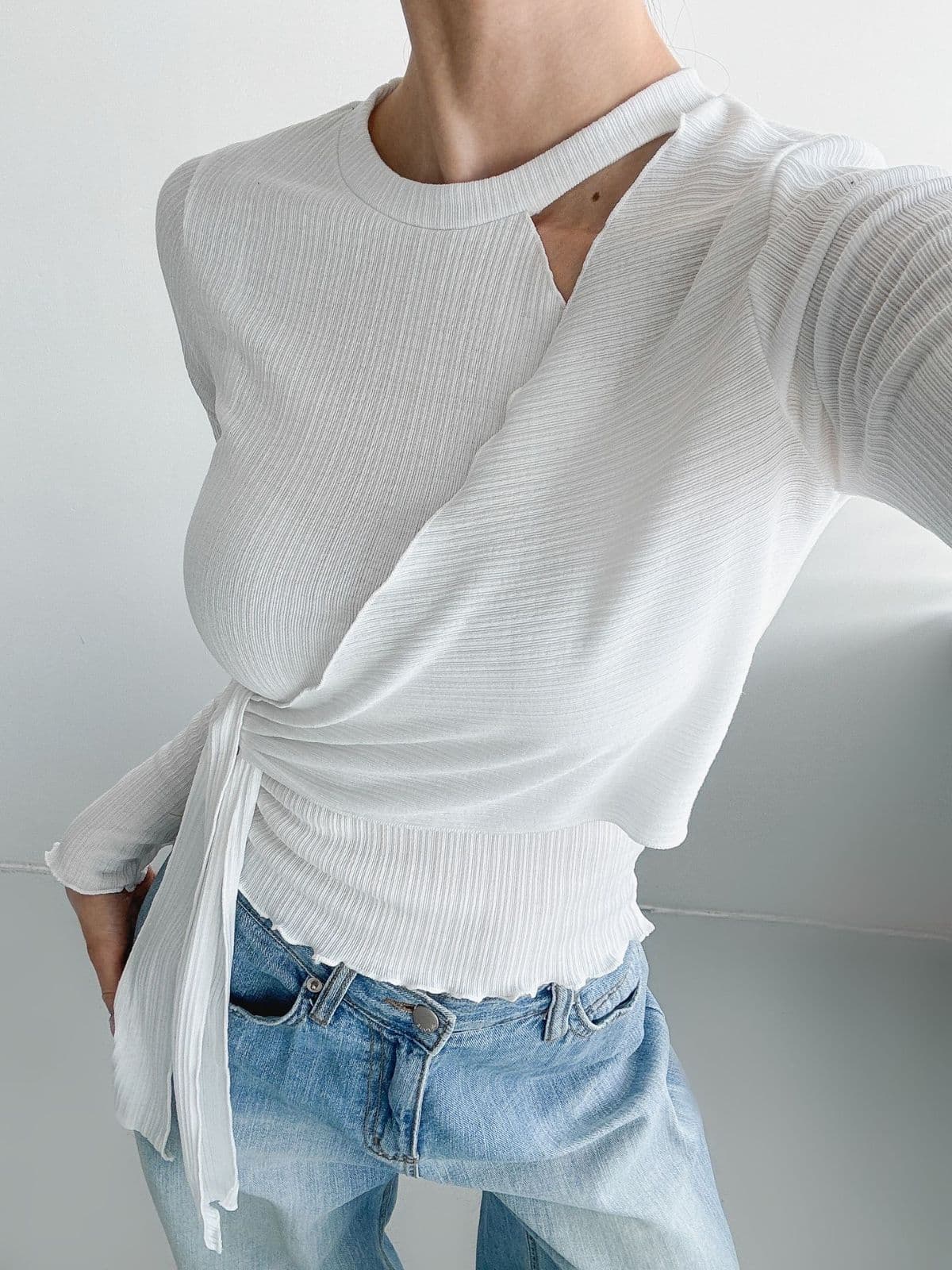 Ripple Wrap T-shirt (Ribbed Slim Fit Wrap Long Sleeve T-shirt Slit Neck Strap) - 이미지 2