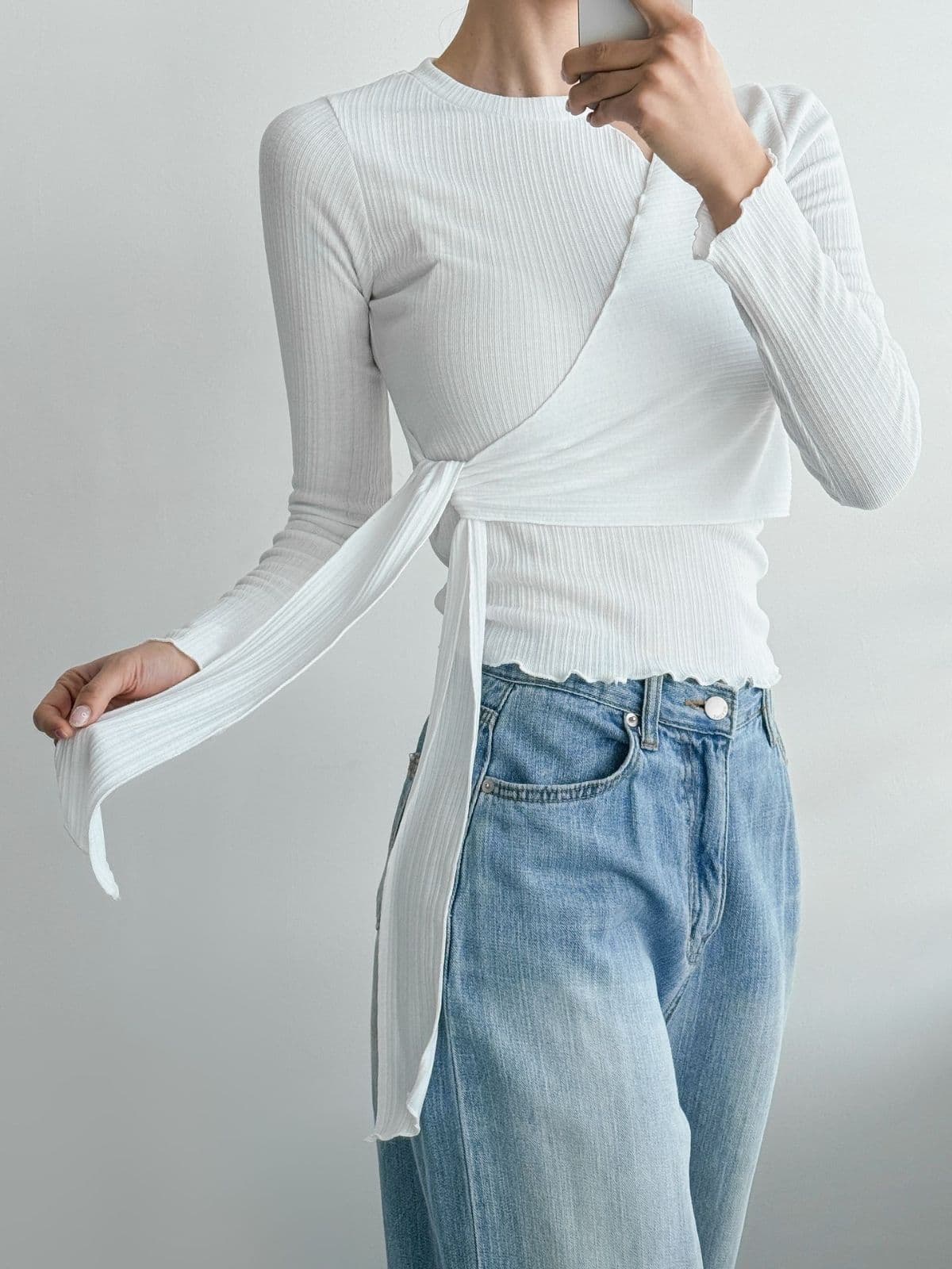 Ripple Wrap T-shirt (Ribbed Slim Fit Wrap Long Sleeve T-shirt Slit Neck Strap) - 이미지 6