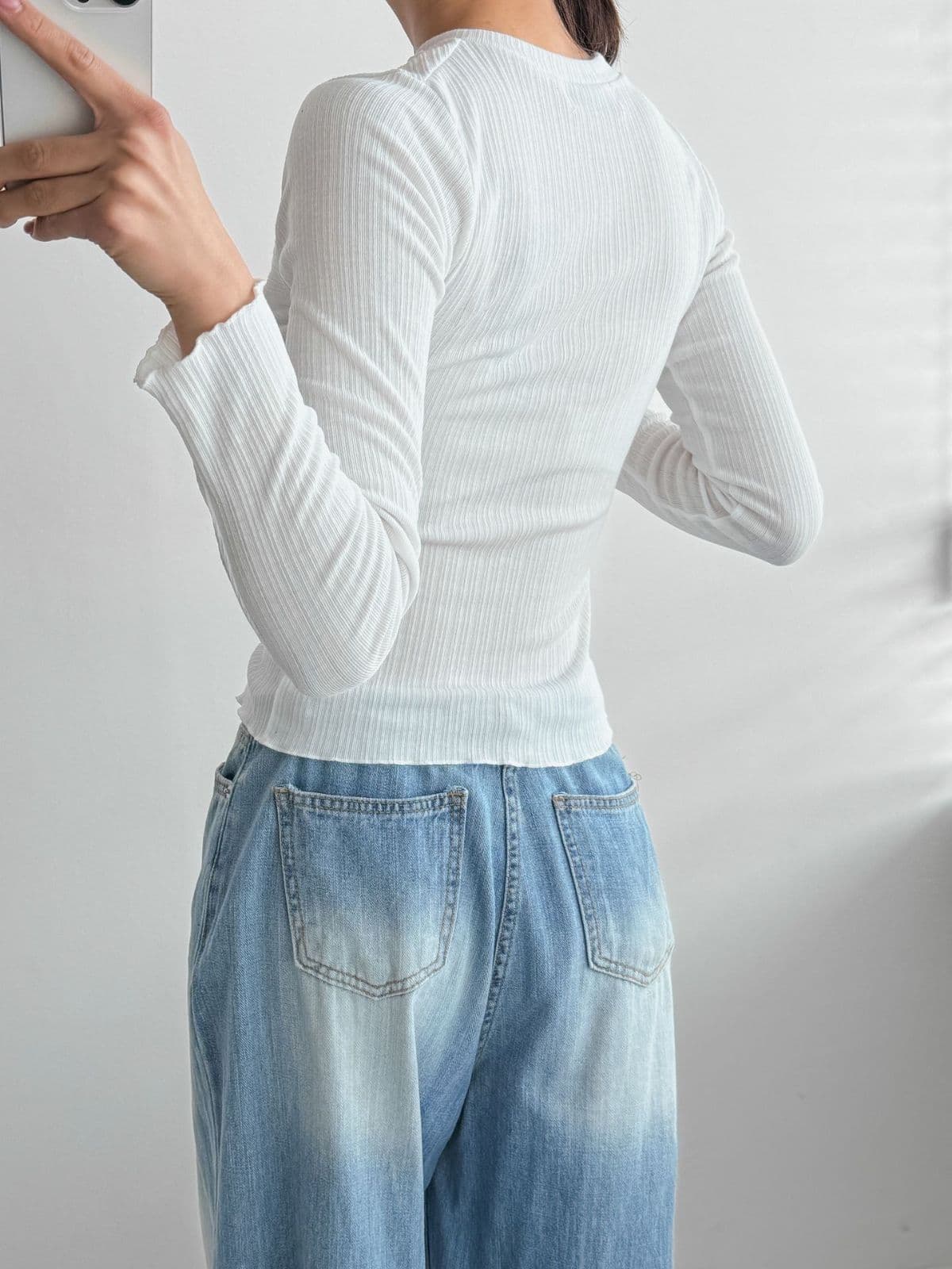 Ripple Wrap T-shirt (Ribbed Slim Fit Wrap Long Sleeve T-shirt Slit Neck Strap) - 이미지 7
