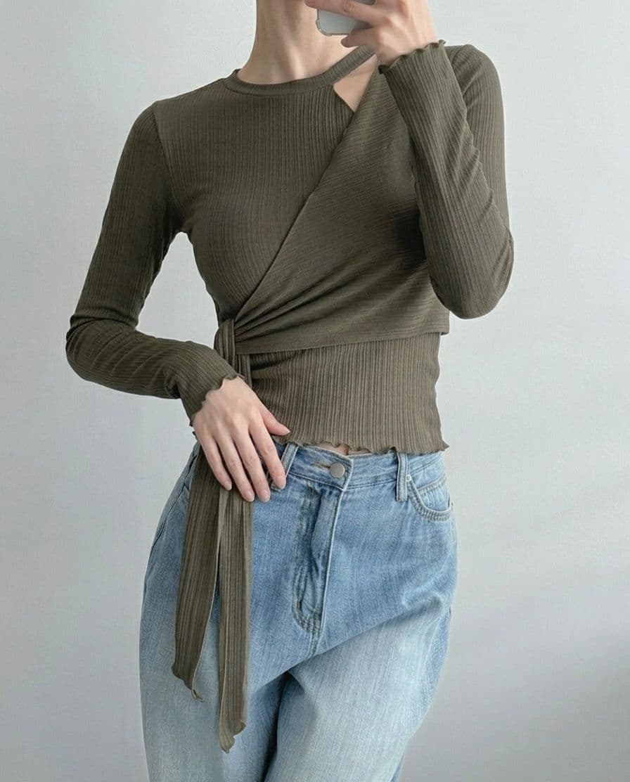 Ripple Wrap T-shirt (Ribbed Slim Fit Wrap Long Sleeve T-shirt Slit Neck Strap) - 이미지 8