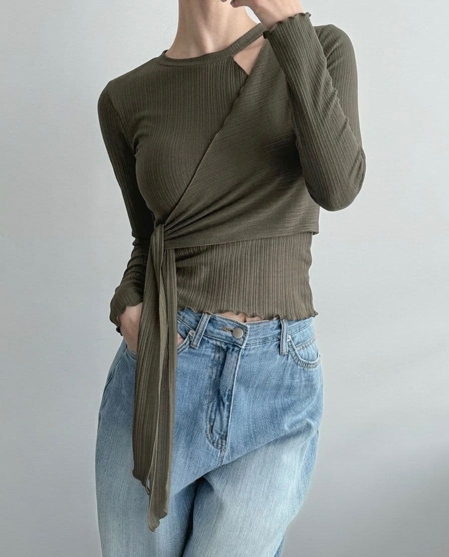 Ripple Wrap T-shirt (Ribbed Slim Fit Wrap Long Sleeve T-shirt Slit Neck Strap) - 이미지 9