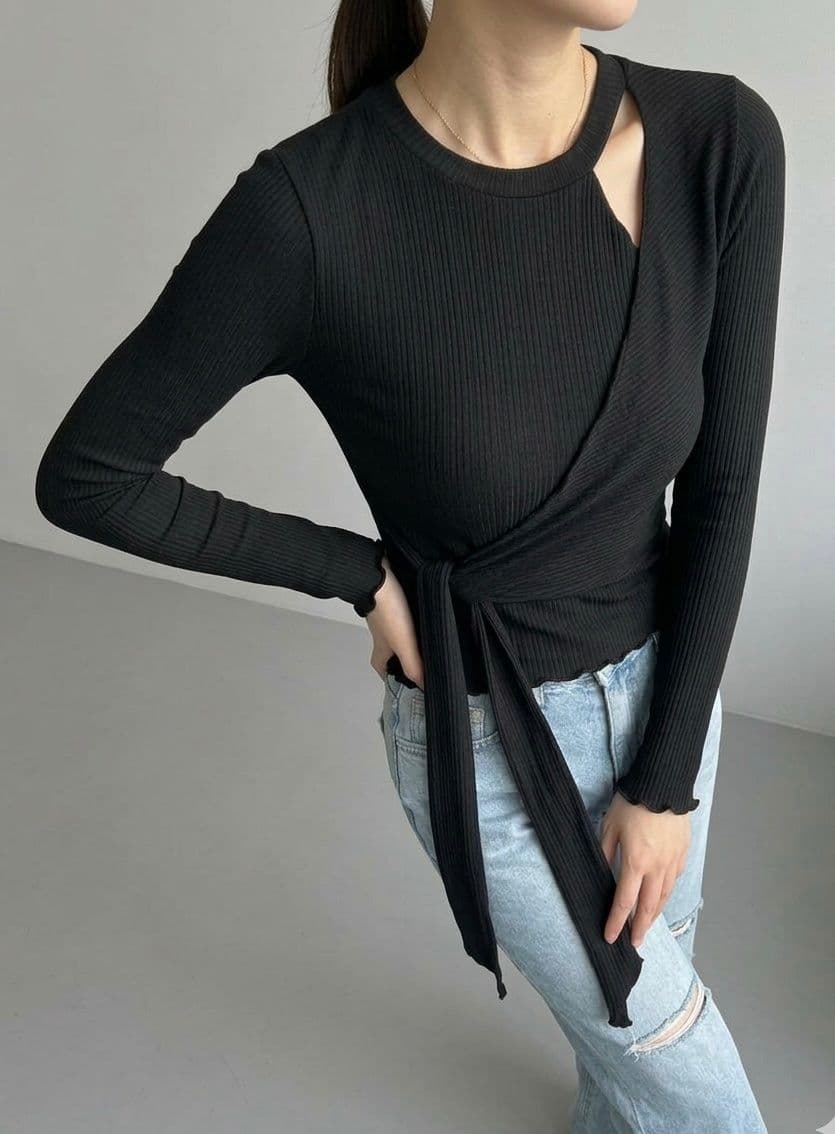 Ripple Wrap T-shirt (Ribbed Slim Fit Wrap Long Sleeve T-shirt Slit Neck Strap) - 이미지 10