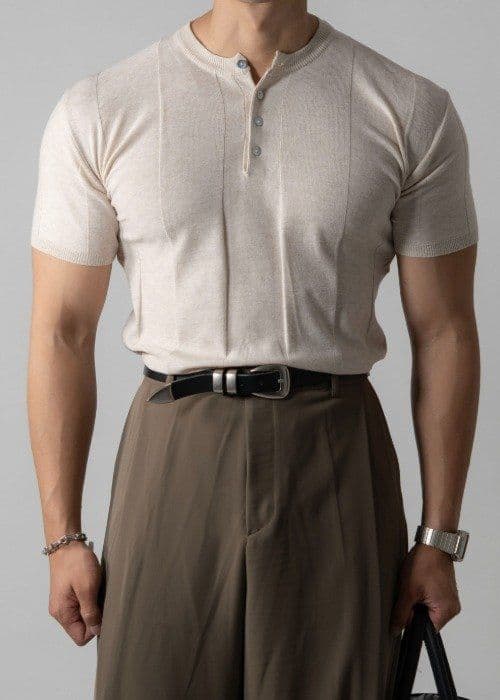 Rich Muscle Fit Henley Neck Short Sleeve Knit - 이미지 1