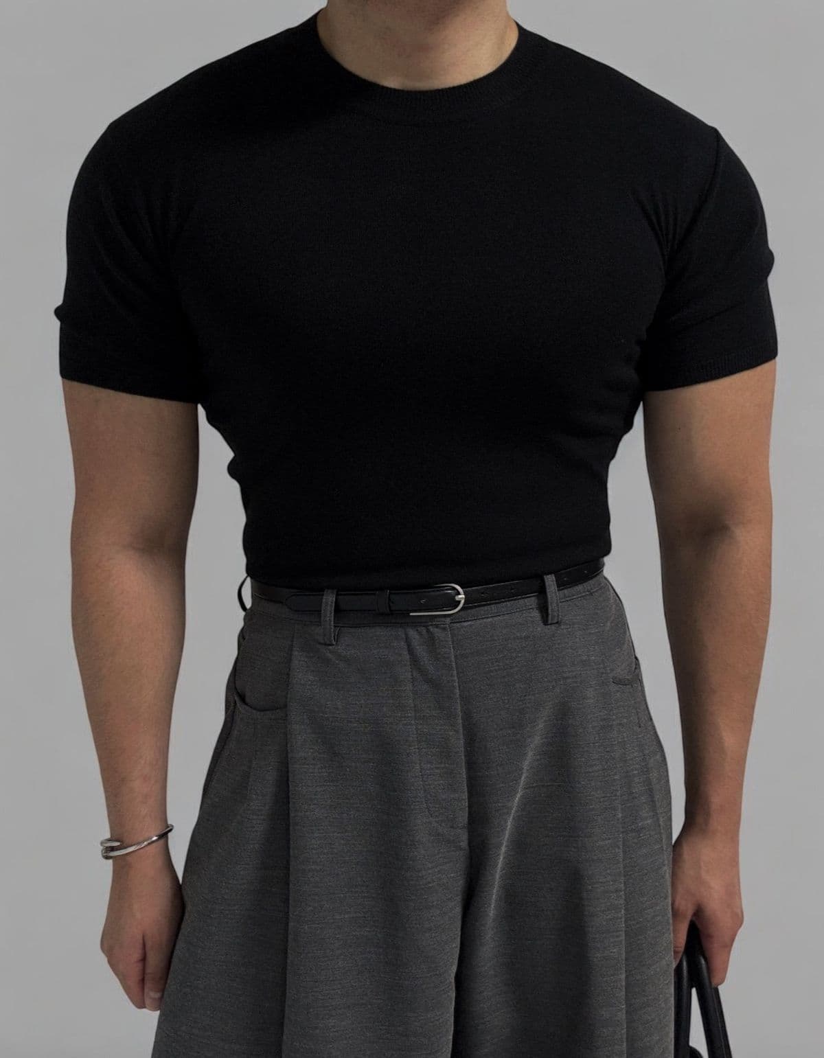Wool blend spandex slim fit round short sleeve knit - 이미지 1
