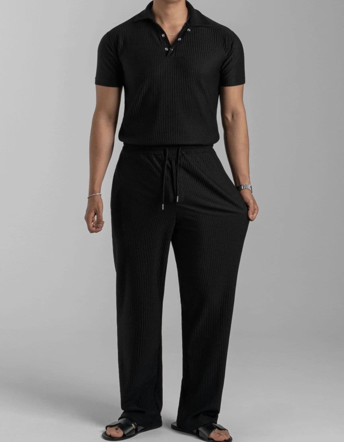 Pleated Muscle Fit Collared Short Sleeve T-shirt and Long Pants Set - 이미지 2