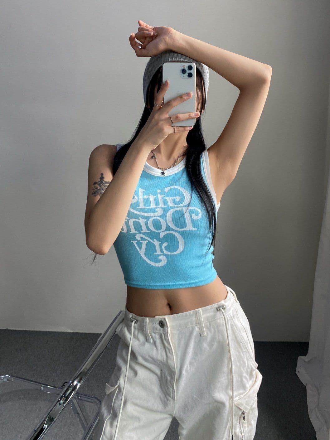 Waterbomb Color Block Crop Sleeveless Lettering Ribbed Sleeveless 301 - 이미지 4