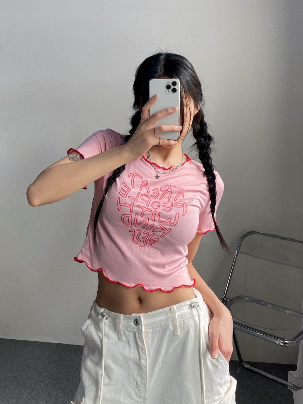 Crop Flamboyant Heart Lettering Print Slim Fit Short Sleeve T-shirt 306 - 이미지 2
