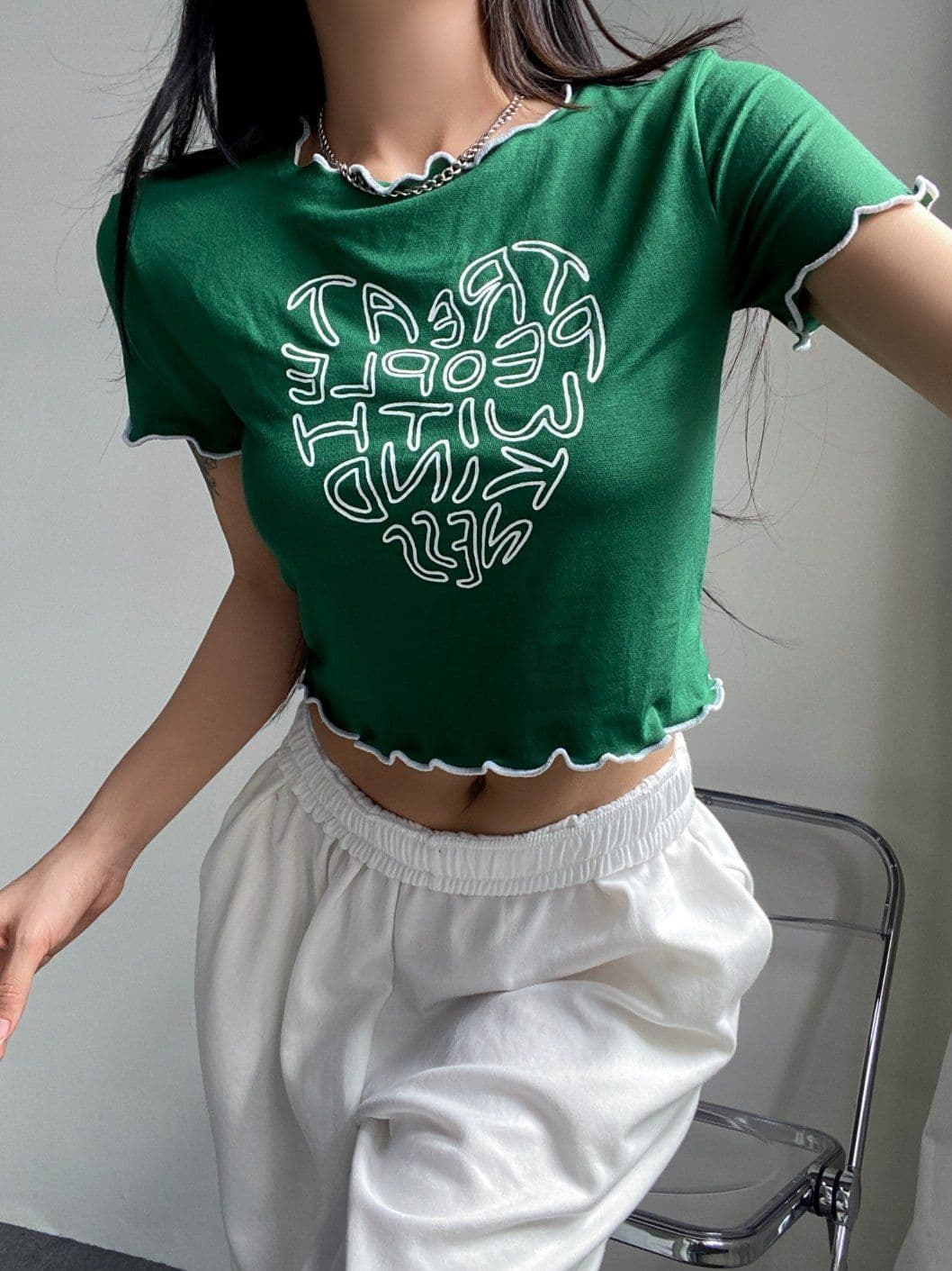 Crop Flamboyant Heart Lettering Print Slim Fit Short Sleeve T-shirt 306 - 이미지 6