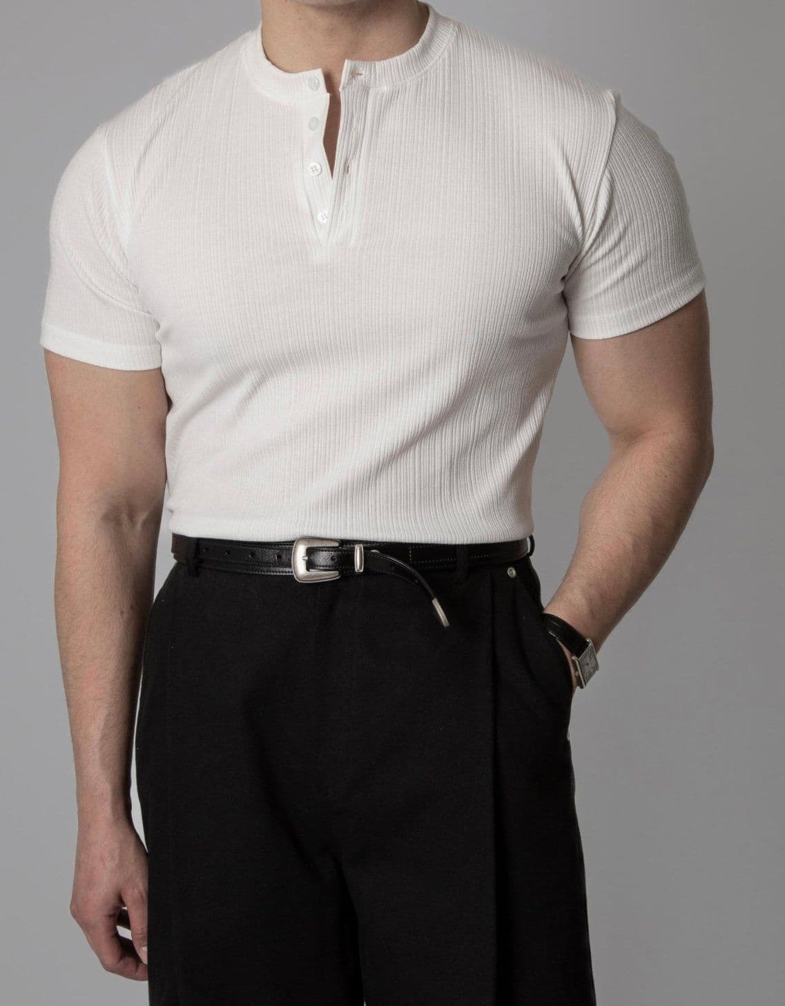 Ribbed Henley Neck Spandex Short Sleeve T-shirt - 이미지 2