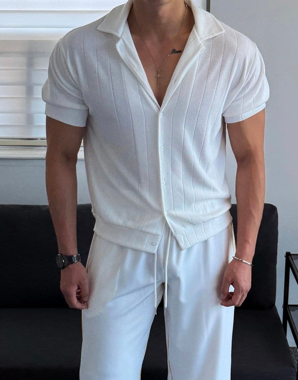 Vertical ribbed open collar knit short-sleeve shirt - 이미지 1