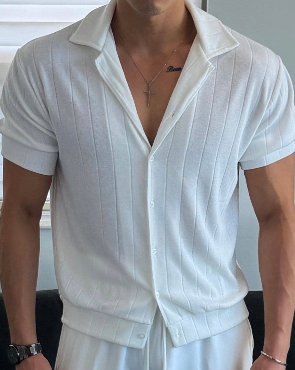 Vertical ribbed open collar knit short-sleeve shirt - 이미지 3