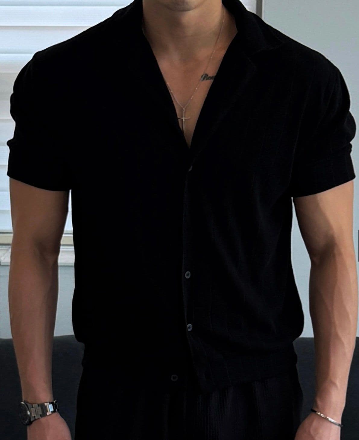 Vertical ribbed open collar knit short-sleeve shirt - 이미지 4