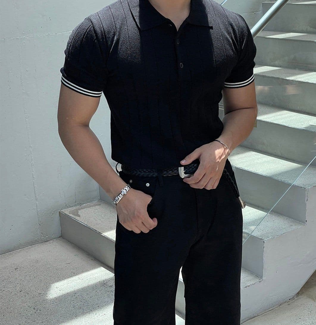 Wool blend ribbed collared knit short-sleeve tee - 이미지 2