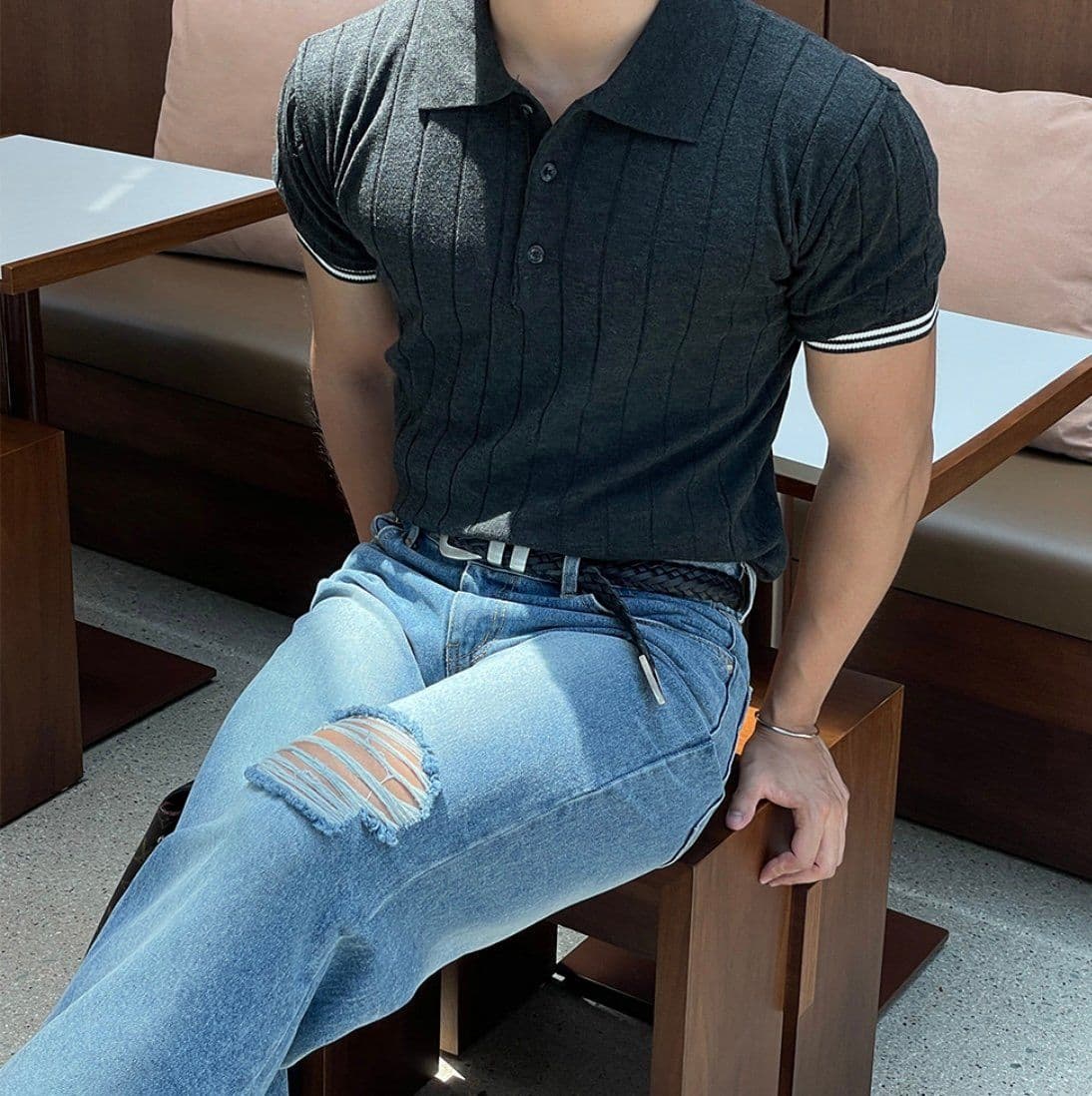 Wool blend ribbed collared knit short-sleeve tee - 이미지 3