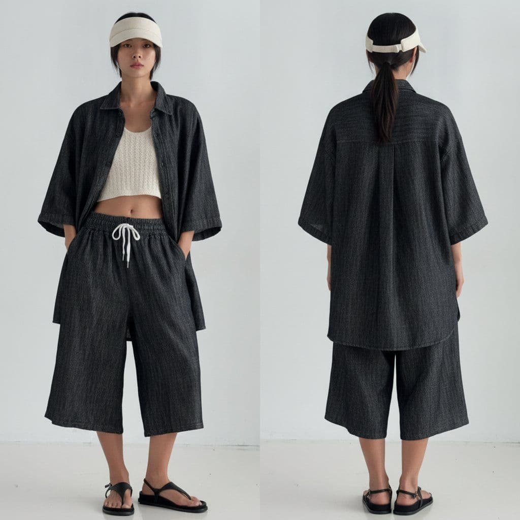 denim wide short-sleeve shirt - 이미지 1