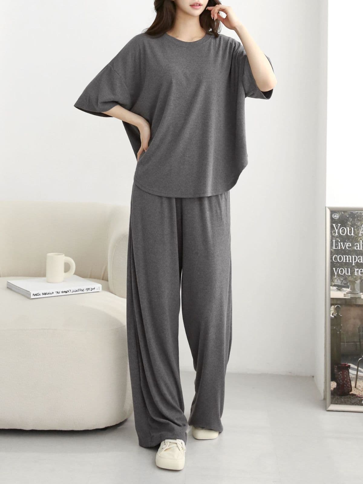 Ribbed U-neck Pants Set - 이미지 2