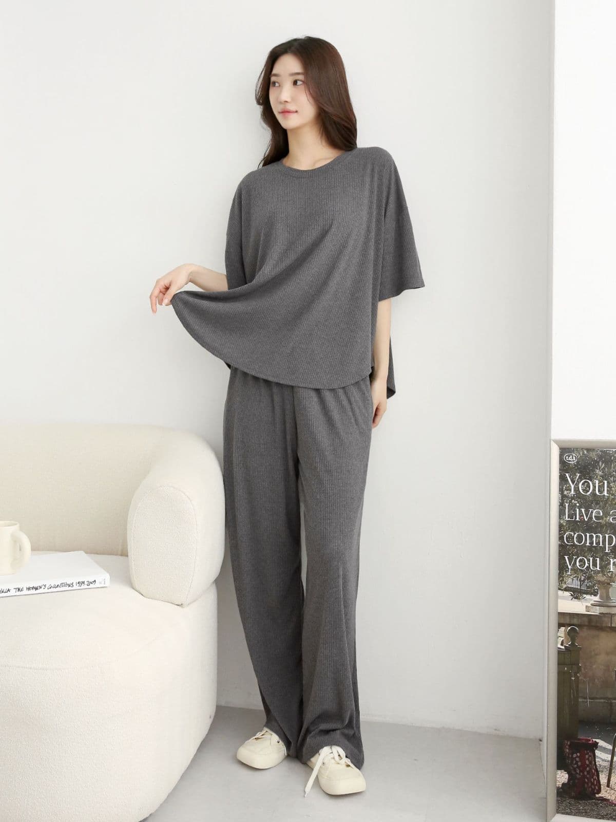 Ribbed U-neck Pants Set - 이미지 3