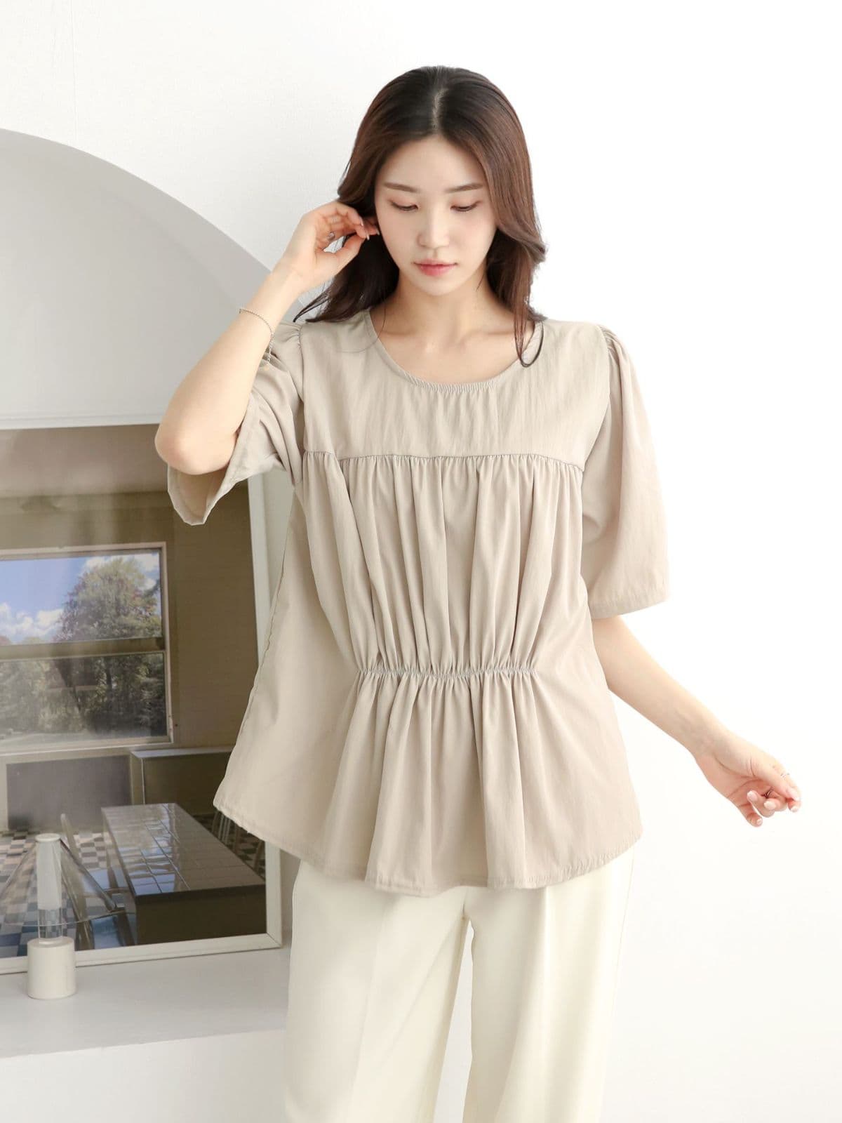 Double-line shirring short-sleeve T-shirt - 이미지 2