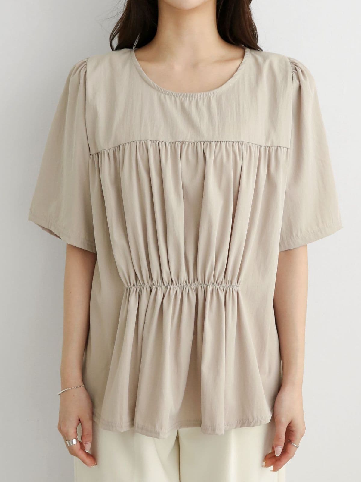 Double-line shirring short-sleeve T-shirt - 이미지 3