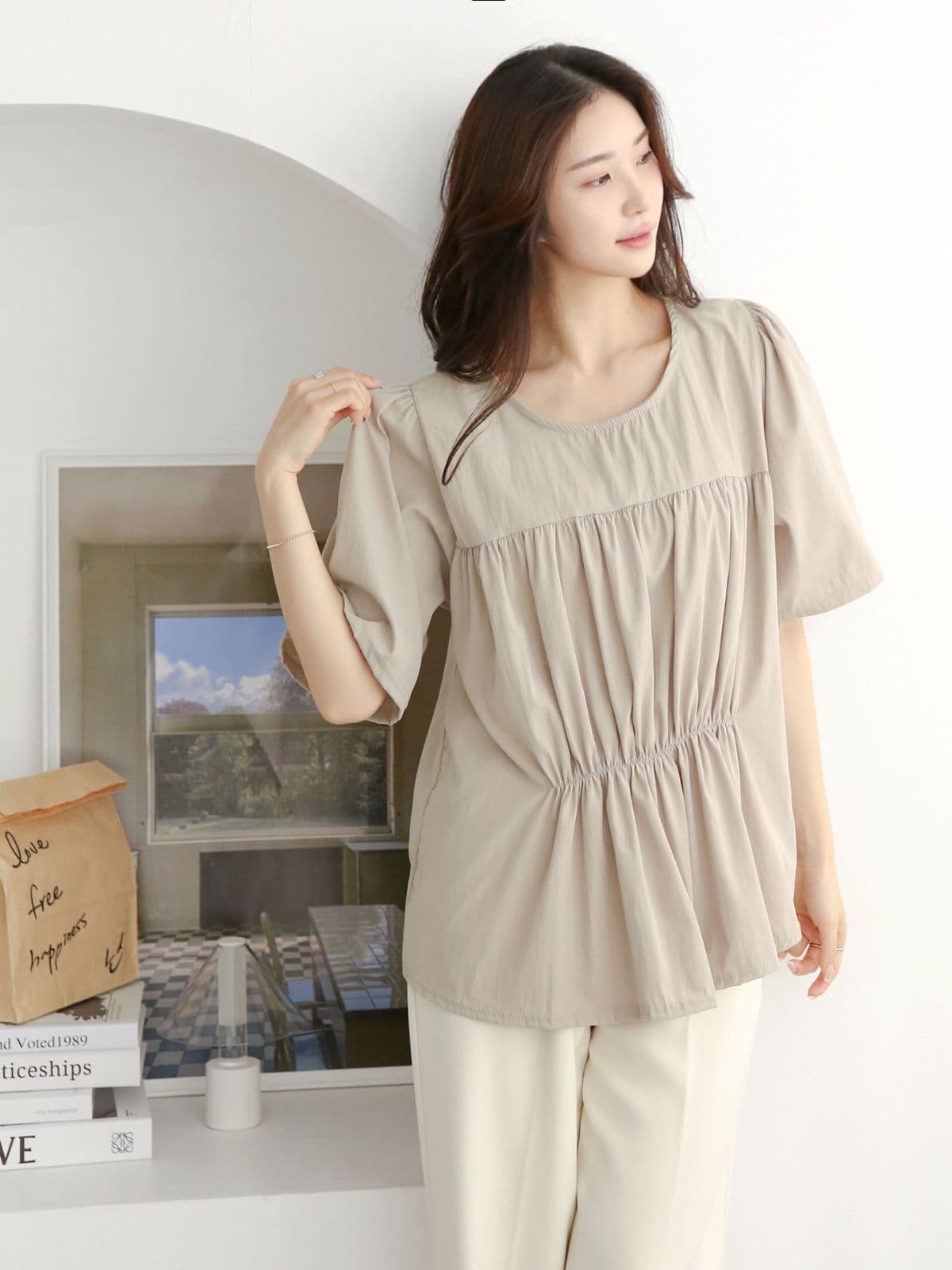 Double-line shirring short-sleeve T-shirt - 이미지 5