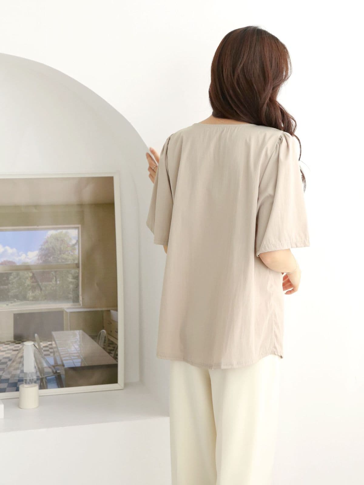 Double-line shirring short-sleeve T-shirt - 이미지 11