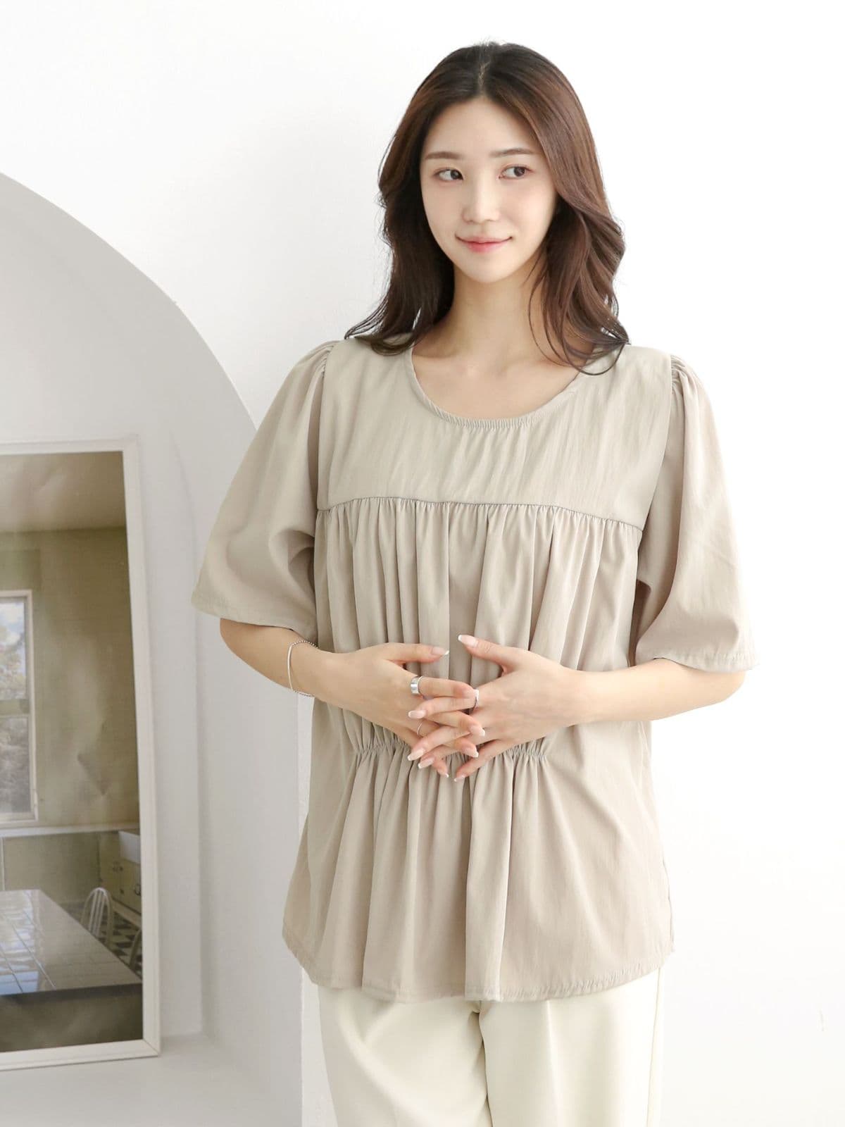 Double-line shirring short-sleeve T-shirt - 이미지 12