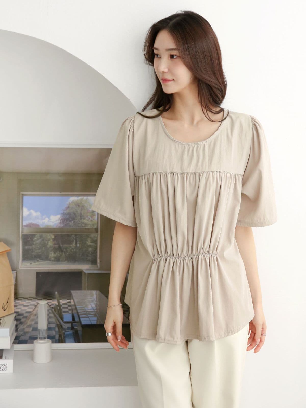 Double-line shirring short-sleeve T-shirt - 이미지 13